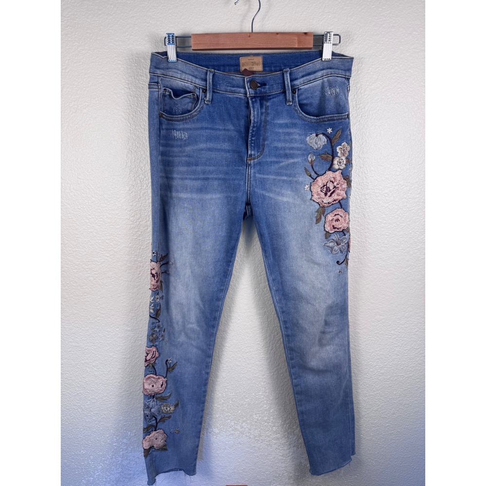 Driftwood Jackie Floral Embroidered Jeans Women 29 Denim Raw Hem Boho Western